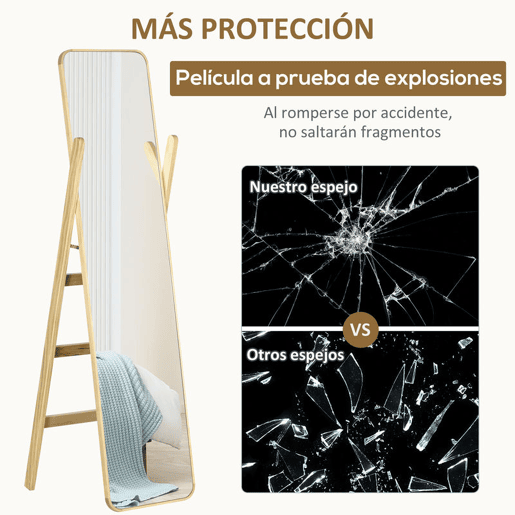 HOMCOM Espelho de Pé com Cabideiro Espelho de Corpo Inteiro 40x35x147 cm com Estrutura de Madeira para Sala, Quarto ou Entrada Natural