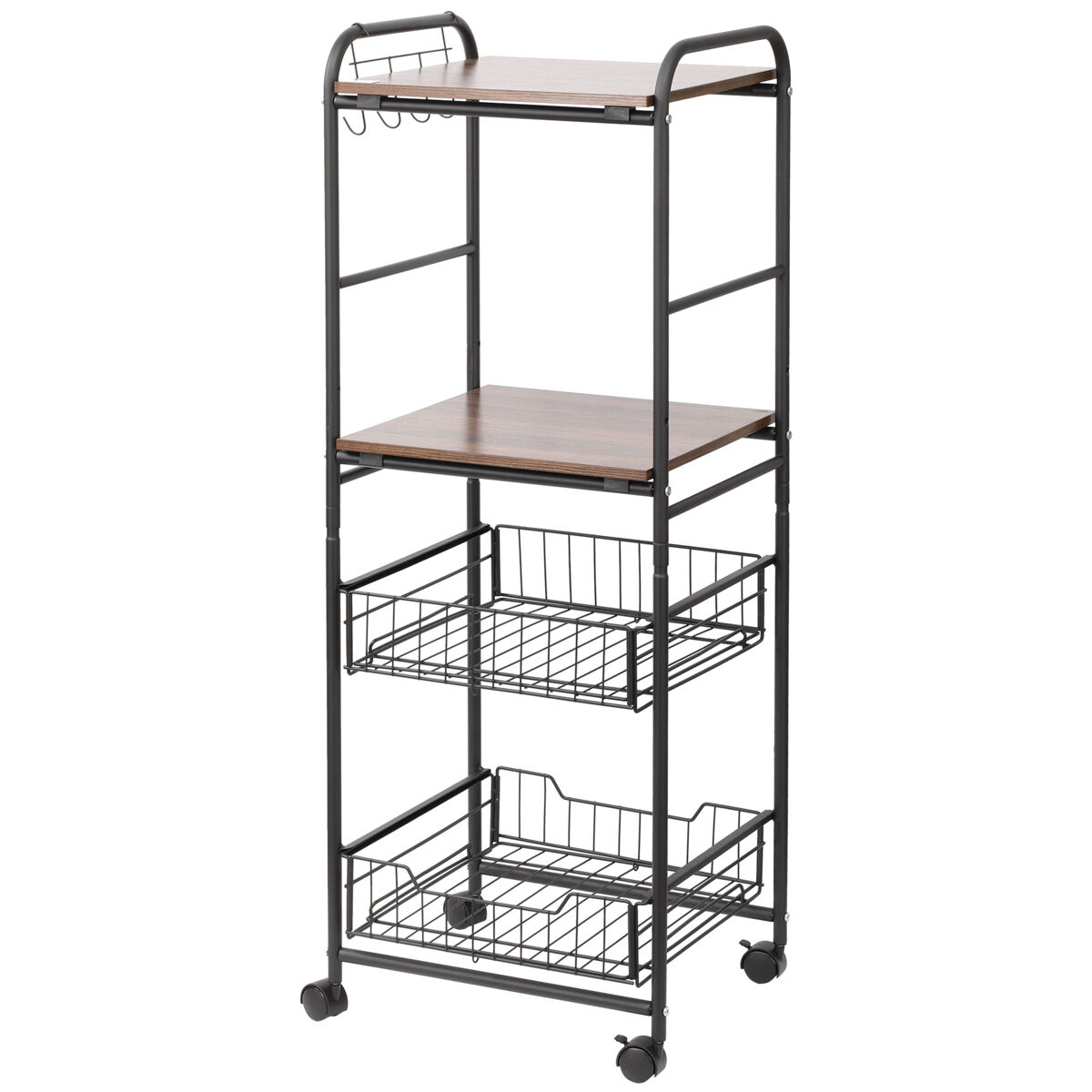 Homcom carrito de cocina carrito auxiliar con ruedas con 2 estantes 2 cestas extraíbles y 4 ganchos para comedor baño 40x38x111 cm nogal y negro