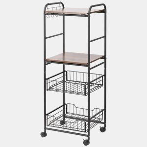 HOMCOM Carro de Cozinha com Rodas Carrinho Auxiliar de Armazenamento com 2 Prateleiras 2 Cestas Removíveis 4 Ganchos 40x38x111cm Nogueira e Preto
