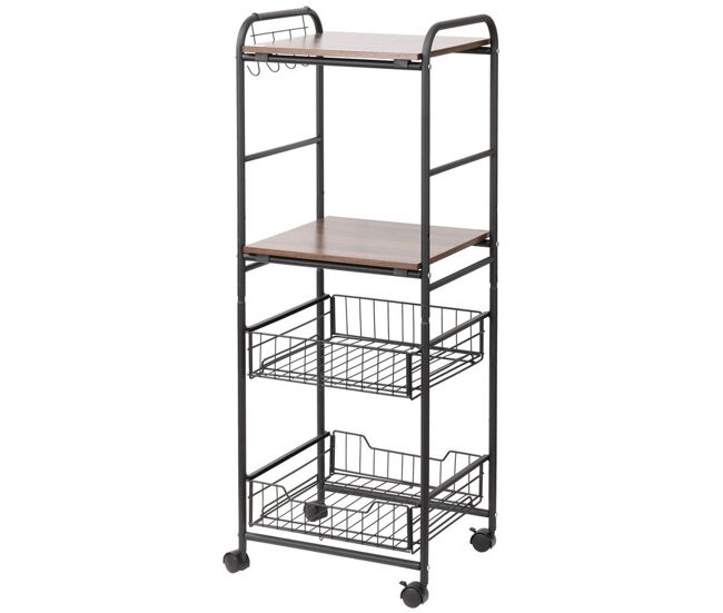 Homcom carrito de cocina carrito auxiliar con ruedas con 2 estantes 2 cestas extraíbles y 4 ganchos para comedor baño 40x38x111 cm nogal y negro