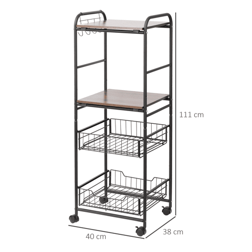 HOMCOM Carro de Cozinha com Rodas Carrinho Auxiliar de Armazenamento com 2 Prateleiras 2 Cestas Removíveis 4 Ganchos 40x38x111cm Nogueira e Preto