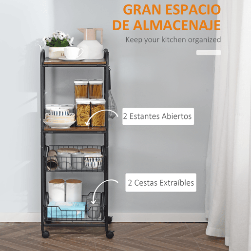 HOMCOM Carro de Cozinha com Rodas Carrinho Auxiliar de Armazenamento com 2 Prateleiras 2 Cestas Removíveis 4 Ganchos 40x38x111cm Nogueira e Preto