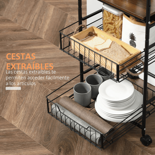 HOMCOM Carro de Cozinha com Rodas Carrinho Auxiliar de Armazenamento com 2 Prateleiras 2 Cestas Removíveis 4 Ganchos 40x38x111cm Nogueira e Preto