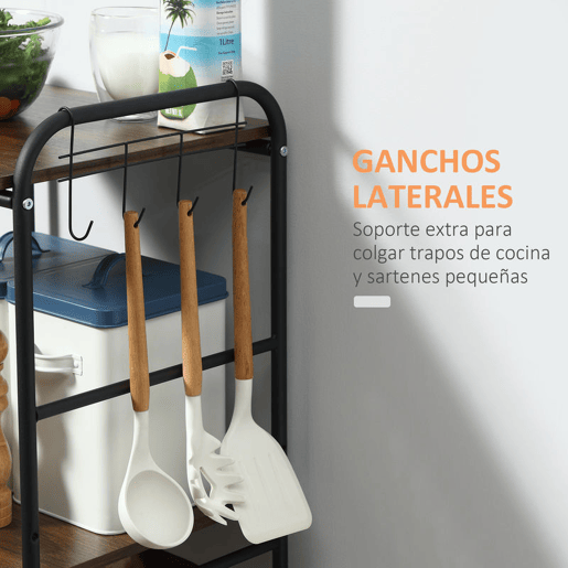 HOMCOM Carro de Cozinha com Rodas Carrinho Auxiliar de Armazenamento com 2 Prateleiras 2 Cestas Removíveis 4 Ganchos 40x38x111cm Nogueira e Preto
