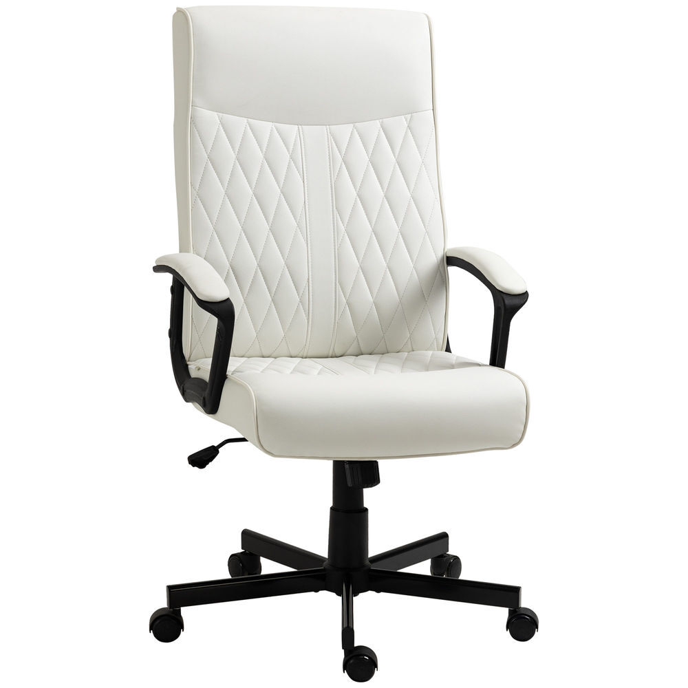 Vinsetto silla de oficina giratoria silla de escritorio basculante tapizado en pu con respaldo alto y altura ajustable para salón oficina carga 120 kg 65x72x102-112,5 cm blanco roto