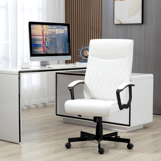 Vinsetto Cadeira de Escritório Giratória 360° Cadeira de Escritório com Encosto Alto Altura Ajustável e Função de Inclinação para Escritório Carga 120kg 65x65x102-112,5cm Branco creme