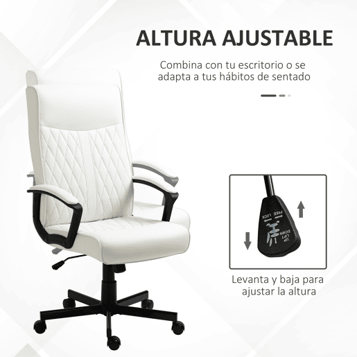 Vinsetto Cadeira de Escritório Giratória 360° Cadeira de Escritório com Encosto Alto Altura Ajustável e Função de Inclinação para Escritório Carga 120kg 65x65x102-112,5cm Branco creme