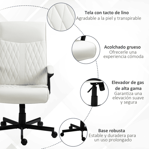 Vinsetto Cadeira de Escritório Giratória 360° Cadeira de Escritório com Encosto Alto Altura Ajustável e Função de Inclinação para Escritório Carga 120kg 65x65x102-112,5cm Branco creme