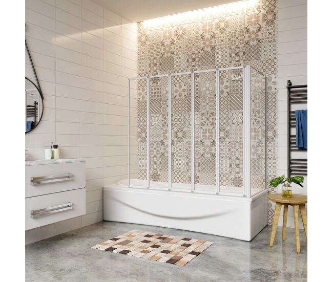 Mampara de bañera+panel lateral,vidrio templado 4mm,blanco/gris mate,(119.9-120.9)x(67.2-69.9)x140cm