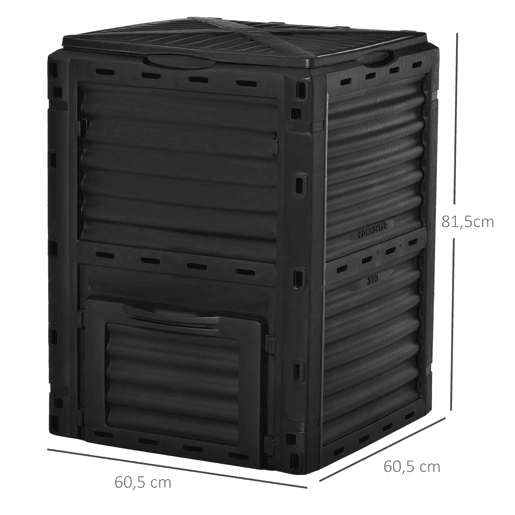 Outsunny Compostor Capacidade de 300L Compostor Orgânico para a Produção de Fertilizante de Jardim com 48 Respiradouros 60,5x60,5x81,5cm Preto