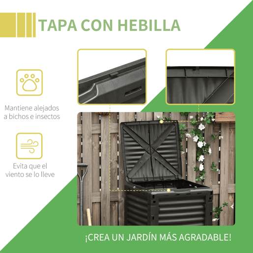 Outsunny Compostor Capacidade de 300L Compostor Orgânico para a Produção de Fertilizante de Jardim com 48 Respiradouros 60,5x60,5x81,5cm Preto