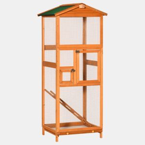 PawHut Gaiola para Pássaros Grande 68x63x165cm Gaiola para Pássaros de Madeira de Abeto com 2 Portas Bandeja Amovível e Teto Asfáltico Madeira