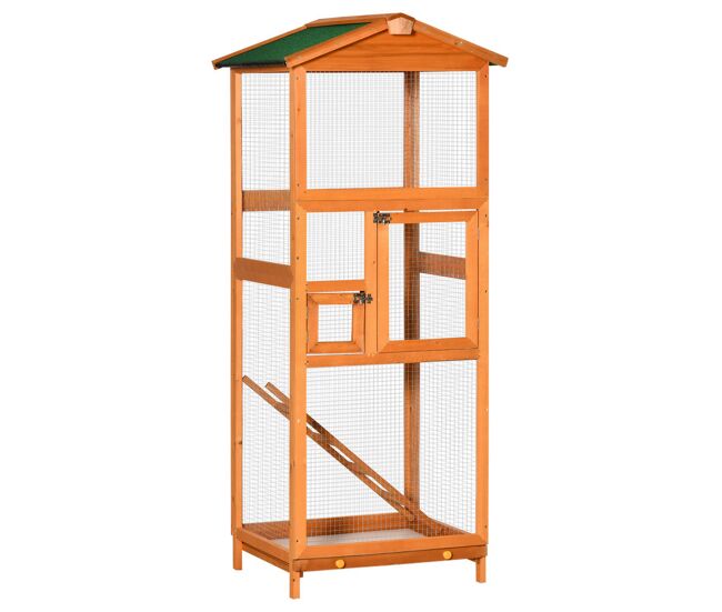 Pawhut jaula para pájaros grande 68x63x165 cm pajarera de madera de abeto con 2 puertas bandeja extraíble y techo asfáltico madera