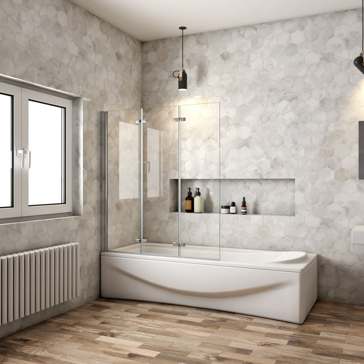 Mampara de bañera plegable,3 hojas,vidrio 6mm antical,cromado,(118-120)x140cm