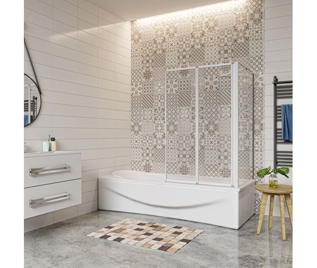 Mampara de bañera+panel lateral,vidrio templado 4mm,blanco/gris mate,(89.9-90.9)x(67.2-69.9)x140cm