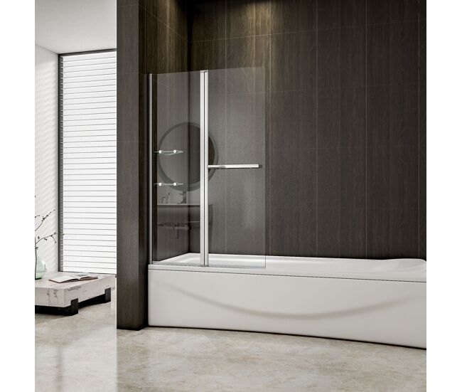 Mampara de bañera abatible giratoria vidrio templado 6 mm rectangular con 2 repisas y un toallero,cromado,(99.5-100)x140cm