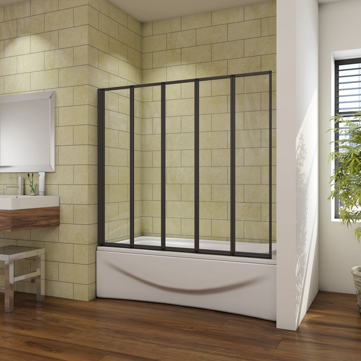 Mampara de bañera plegable,vidrio templado 4mm, negro mate,(119.3-120.3)x140cm