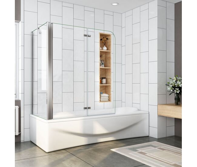 Mampara de bañera plegable,2 hojas+panel fijo,vidrio templado 6mm antical,110x70x140cm,ancho 2cm ajustable