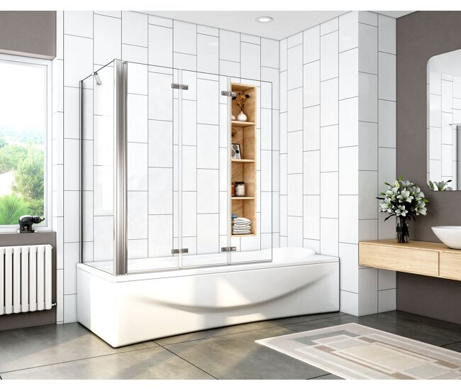 Mampara de bañera plegable,3 hojas+panel fijo,vidrio 6mm antical,cromado,(119.3-121.3)x140cm