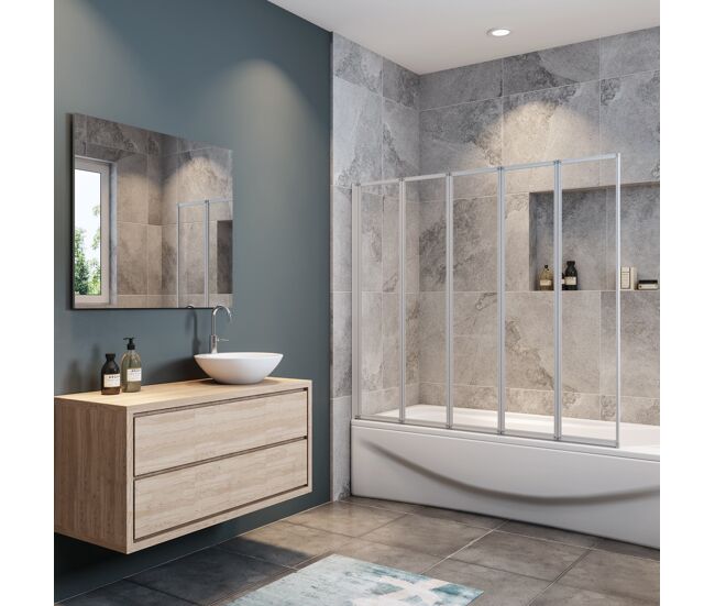 Mampara de bañera plegable,vidrio templado 4mm,blanco/gris mate,(119.3-120.3)x140cm