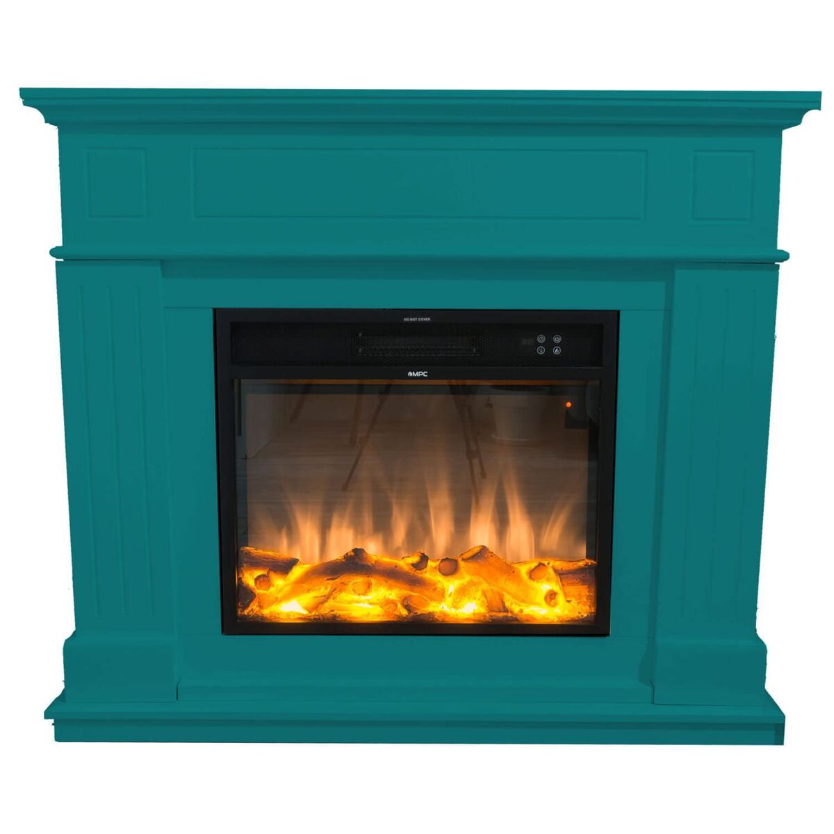 Chimenea de suelo y pared para uso de oficina. compuesto por un marco turquesa y un quemador eléctrico negro de 1500w con efecto de llama real led. chimenea de diseño con mando a distancia. hecho de madera mdf de alta calidad fácil de colocar o mover.