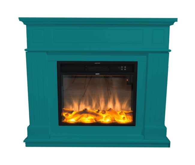 Chimenea de suelo y pared para uso de oficina. compuesto por un marco turquesa y un quemador eléctrico negro de 1500w con efecto de llama real led. chimenea de diseño con mando a distancia. hecho de madera mdf de alta calidad fácil de colocar o mover.