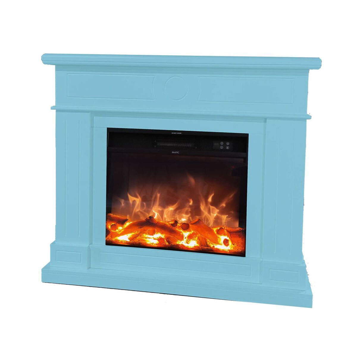 Chimenea eléctrica con inserto eléctrico 1500 con efecto de llama superrealista y revestimiento de madera mdf azul turquesa. chimenea de diseño con mando a distancia. hecho de madera mdf de alta calidad fácil de colocar o mover.