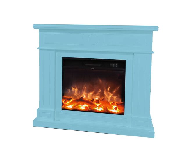 Chimenea eléctrica con inserto eléctrico 1500 con efecto de llama superrealista y revestimiento de madera mdf azul turquesa. chimenea de diseño con mando a distancia. hecho de madera mdf de alta calidad fácil de colocar o mover.