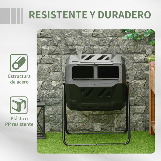 Outsunny Compostor Giratório com Capacidade 160L de Dupla Câmera e Ventilação Estrutura de Aço para Resíduos Orgânicos de Jardim 71x64x92cm Preto
