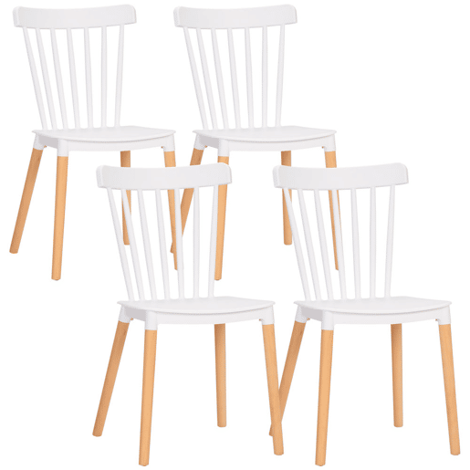 HOMCOM Conjunto de 4 Cadeiras Estilo Nórdico Cadeiras de Cozinha com Encosto Alto Assento de Polipropileno e Pés de Madeira de Faia Carga Máx. 120kg 48x52,5x83cm Branco e Madeira