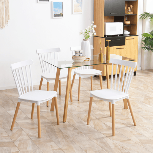 HOMCOM Conjunto de 4 Cadeiras Estilo Nórdico Cadeiras de Cozinha com Encosto Alto Assento de Polipropileno e Pés de Madeira de Faia Carga Máx. 120kg 48x52,5x83cm Branco e Madeira