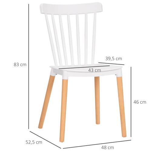 HOMCOM Conjunto de 4 Cadeiras Estilo Nórdico Cadeiras de Cozinha com Encosto Alto Assento de Polipropileno e Pés de Madeira de Faia Carga Máx. 120kg 48x52,5x83cm Branco e Madeira