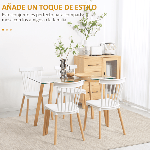 HOMCOM Conjunto de 4 Cadeiras Estilo Nórdico Cadeiras de Cozinha com Encosto Alto Assento de Polipropileno e Pés de Madeira de Faia Carga Máx. 120kg 48x52,5x83cm Branco e Madeira