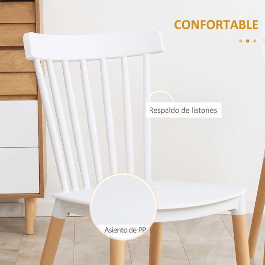 HOMCOM Conjunto de 4 Cadeiras Estilo Nórdico Cadeiras de Cozinha com Encosto Alto Assento de Polipropileno e Pés de Madeira de Faia Carga Máx. 120kg 48x52,5x83cm Branco e Madeira