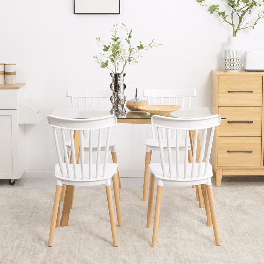 HOMCOM Conjunto de 4 Cadeiras Estilo Nórdico Cadeiras de Cozinha com Encosto Alto Assento de Polipropileno e Pés de Madeira de Faia Carga Máx. 120kg 48x52,5x83cm Branco e Madeira