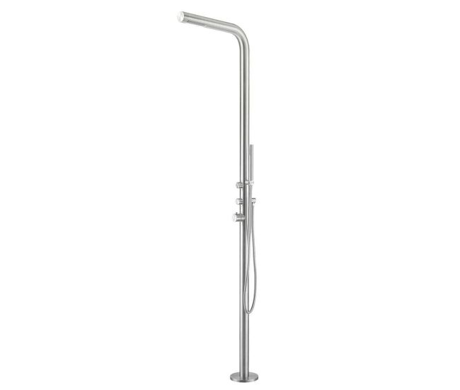 Ducha exterior de acero inoxidable satinado sined budoni ducha de jardín con entrada de agua caliente y fría ducha de mano y mezclador cuerpo y accesorios de acero inoxidable aisi 316l con eje de 6 cm de diámetro. conexiones ocultas en la base.