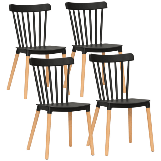 HOMCOM Conjunto de 4 Cadeiras Estilo Nórdico Cadeiras de Cozinha com Encosto Alto Assento de Polipropileno e Pés de Madeira de Faia Carga Máx. 120kg 48x52,5x83cm Preto e Madeira