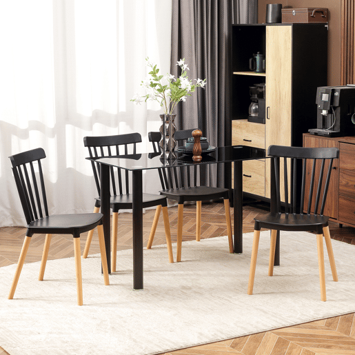 HOMCOM Conjunto de 4 Cadeiras Estilo Nórdico Cadeiras de Cozinha com Encosto Alto Assento de Polipropileno e Pés de Madeira de Faia Carga Máx. 120kg 48x52,5x83cm Preto e Madeira