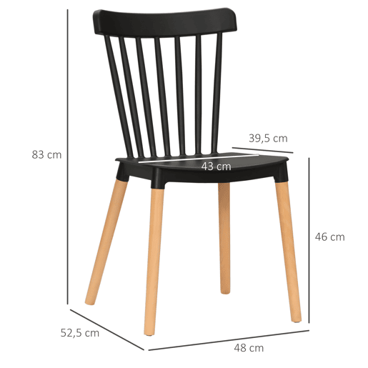 HOMCOM Conjunto de 4 Cadeiras Estilo Nórdico Cadeiras de Cozinha com Encosto Alto Assento de Polipropileno e Pés de Madeira de Faia Carga Máx. 120kg 48x52,5x83cm Preto e Madeira
