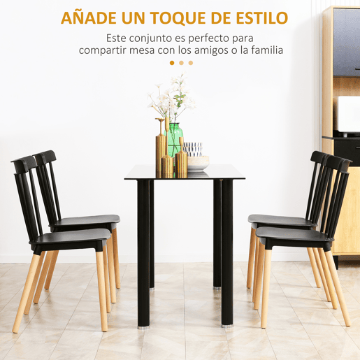 HOMCOM Conjunto de 4 Cadeiras Estilo Nórdico Cadeiras de Cozinha com Encosto Alto Assento de Polipropileno e Pés de Madeira de Faia Carga Máx. 120kg 48x52,5x83cm Preto e Madeira