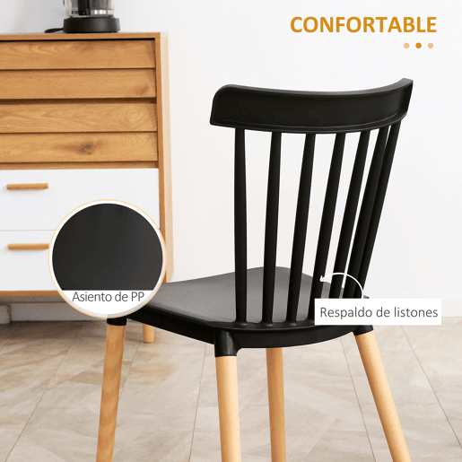 HOMCOM Conjunto de 4 Cadeiras Estilo Nórdico Cadeiras de Cozinha com Encosto Alto Assento de Polipropileno e Pés de Madeira de Faia Carga Máx. 120kg 48x52,5x83cm Preto e Madeira