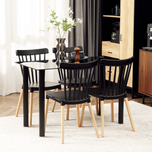 HOMCOM Conjunto de 4 Cadeiras Estilo Nórdico Cadeiras de Cozinha com Encosto Alto Assento de Polipropileno e Pés de Madeira de Faia Carga Máx. 120kg 48x52,5x83cm Preto e Madeira