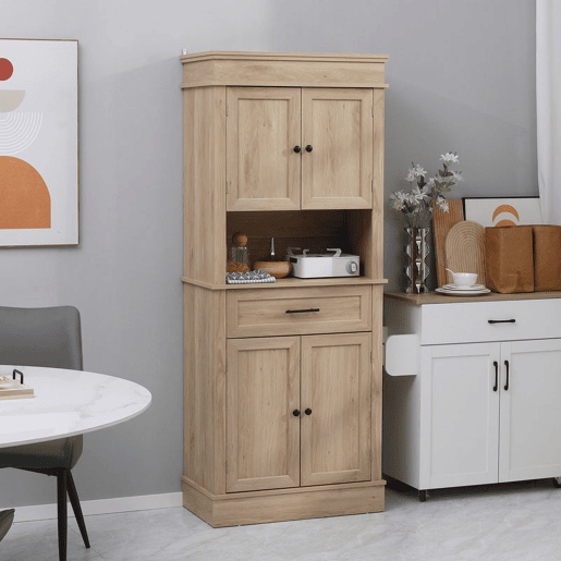 HOMCOM Armário de Cozinha Móvel Auxiliar de Cozinha com 4 Portas 1 Gaveta e Prateleira Aberta para Sala de Estar Sala de Jantar 74x39,5x183cm Carvalho