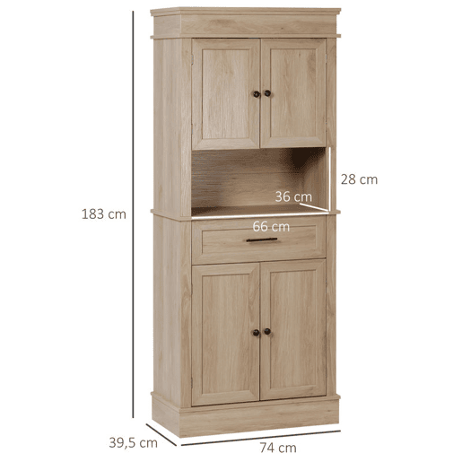 HOMCOM Armário de Cozinha Móvel Auxiliar de Cozinha com 4 Portas 1 Gaveta e Prateleira Aberta para Sala de Estar Sala de Jantar 74x39,5x183cm Carvalho
