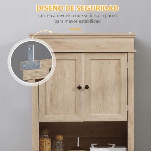 HOMCOM Armário de Cozinha Móvel Auxiliar de Cozinha com 4 Portas 1 Gaveta e Prateleira Aberta para Sala de Estar Sala de Jantar 74x39,5x183cm Carvalho