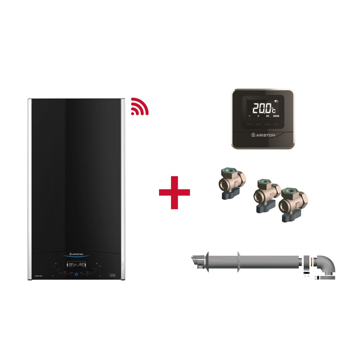Caldera de condensación, Ariston, Alteas One Plus Net 35 + Termostato Cube Black + Kit de tres grifos + Kit salida de humos, Clase Energetica A+
