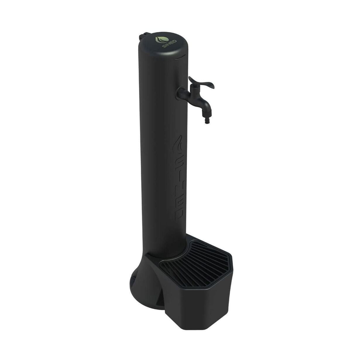 Fuente y cubo de exterior de color negro con capacidad de 5 litros, con recogedor de hojas de aluminio. doble conexión de agua en el lateral y en el fondo. fabricado en polietileno de alta resistencia. grifo de aleación metálica negra con acoplamiento ráp