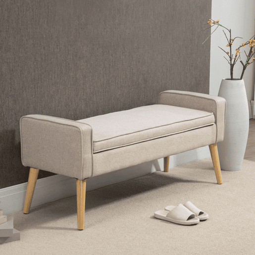 HOMCOM Banco de Armazenamento Baú de Armazenamento Estofado em Linho com Tampa Abatível e Pés de Madeira para Dormitório Sala de Estar Entrada Carga 120kg 120x45x54 cm Bege