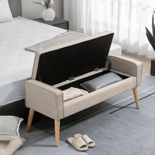 HOMCOM Banco de Armazenamento Baú de Armazenamento Estofado em Linho com Tampa Abatível e Pés de Madeira para Dormitório Sala de Estar Entrada Carga 120kg 120x45x54 cm Bege