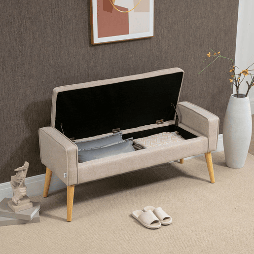 HOMCOM Banco de Armazenamento Baú de Armazenamento Estofado em Linho com Tampa Abatível e Pés de Madeira para Dormitório Sala de Estar Entrada Carga 120kg 120x45x54 cm Bege